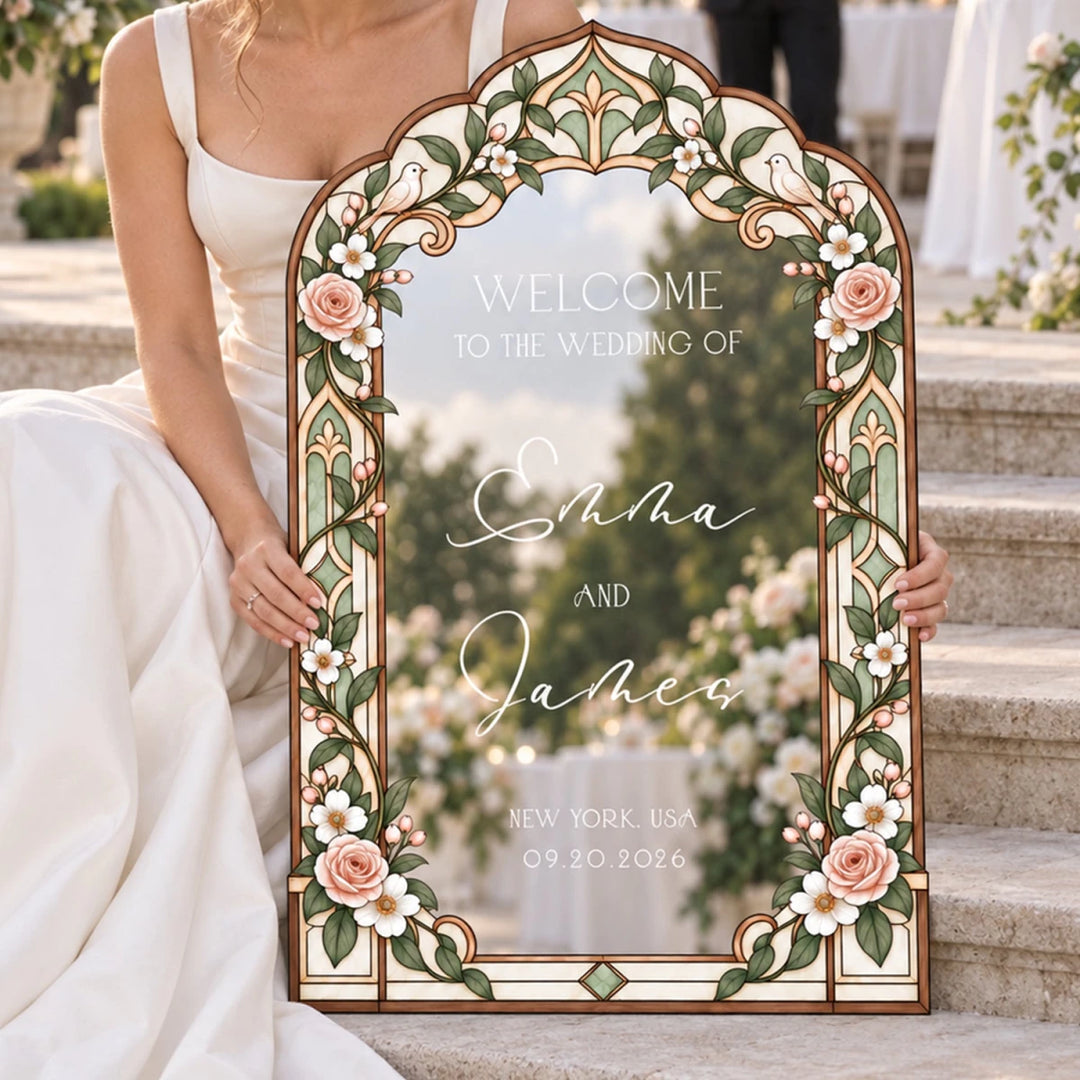 Blush Rose Stained Glass Wedding Welcome Sign — Vintage Garden Arch - SpeedyOrders
