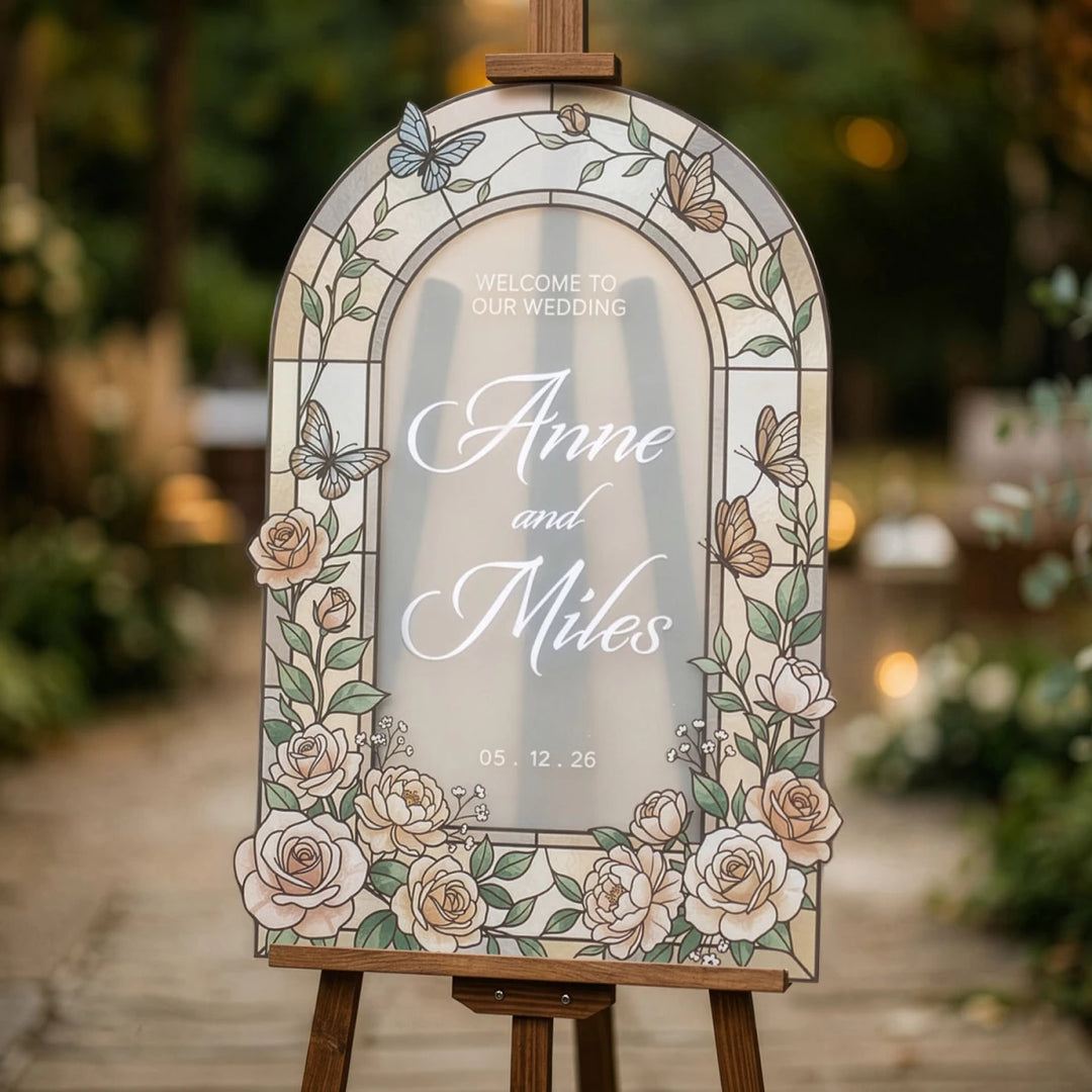 Blush Roses & Butterfly Wedding Welcome Sign — Stained Glass - SpeedyOrders