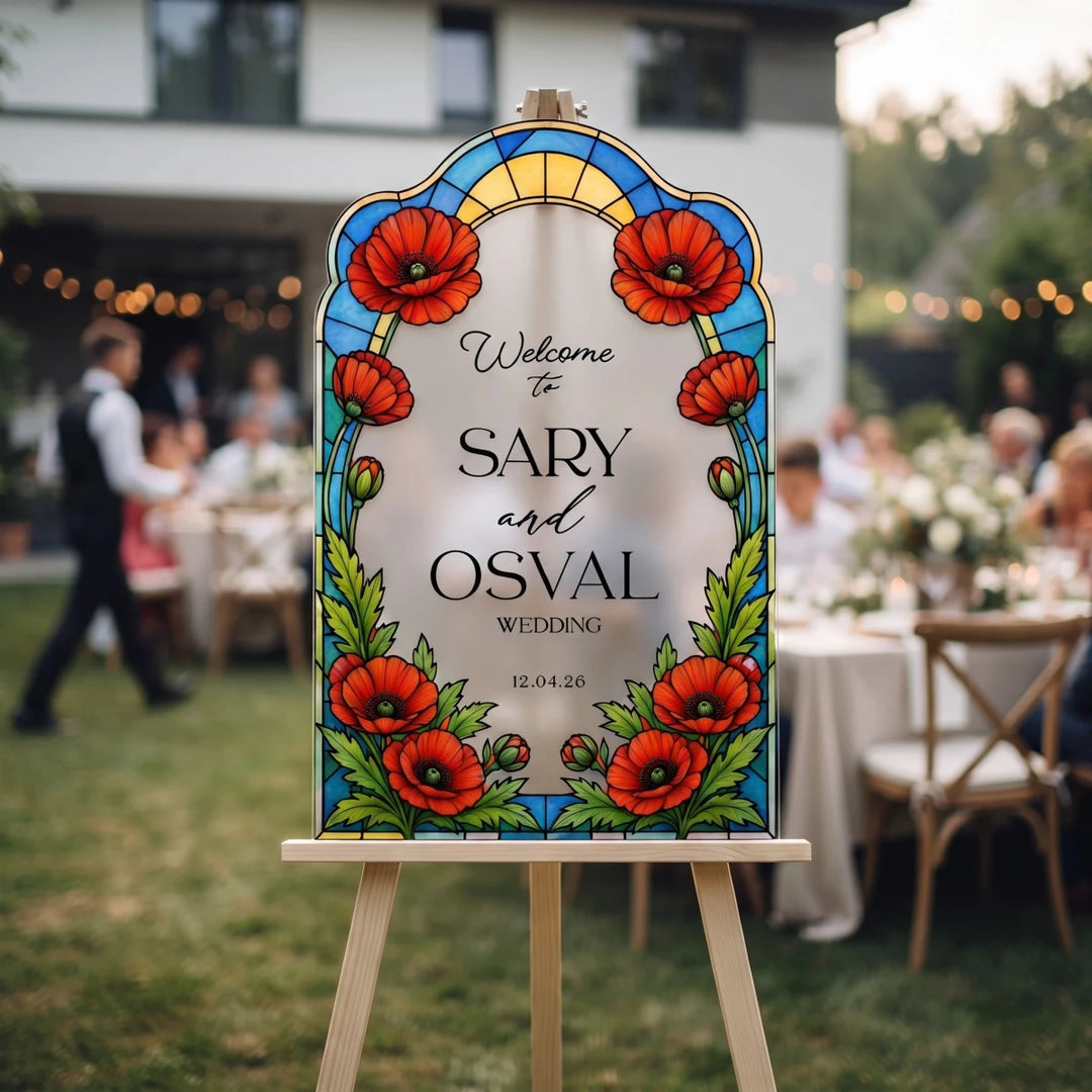 Botanical Red Poppy Stained Glass Wedding Welcome Sign — Frosted Arch - SpeedyOrders