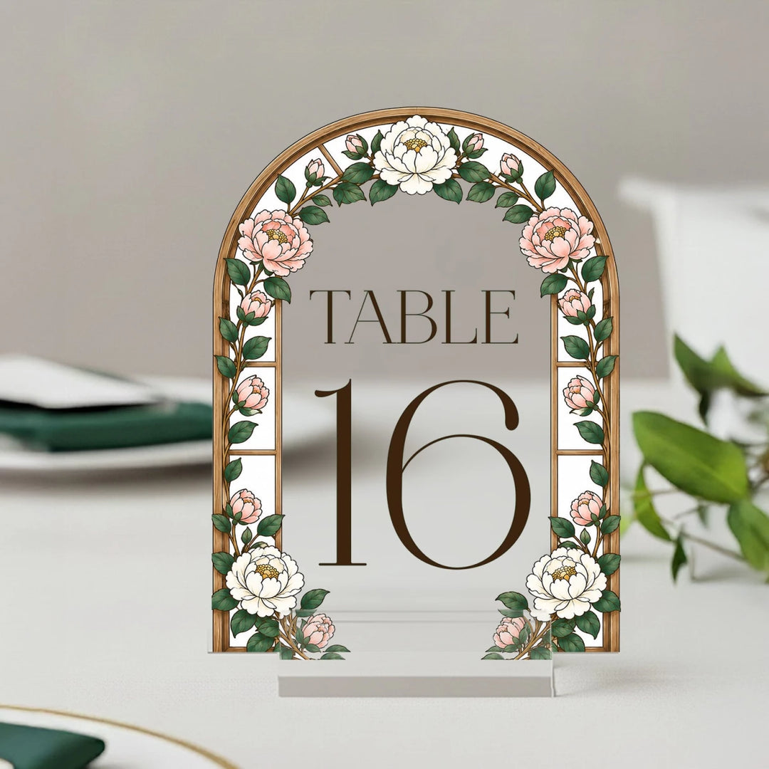 Botanical Rose Acrylic Wedding Table Numbers — White Floral Arch - SpeedyOrders