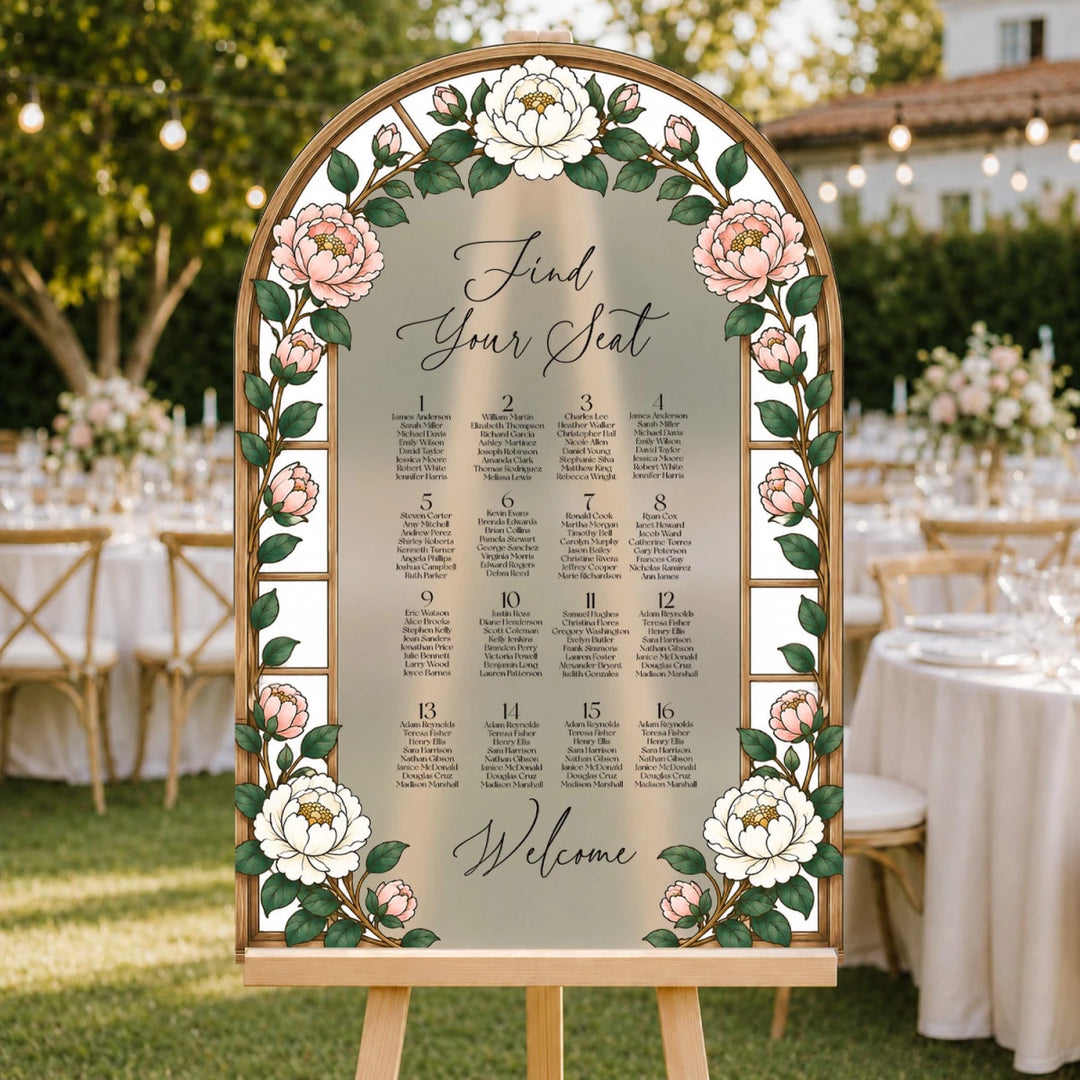 Botanical Rose Arch Wedding Seating Chart Sign — Find Your Seat - SpeedyOrders