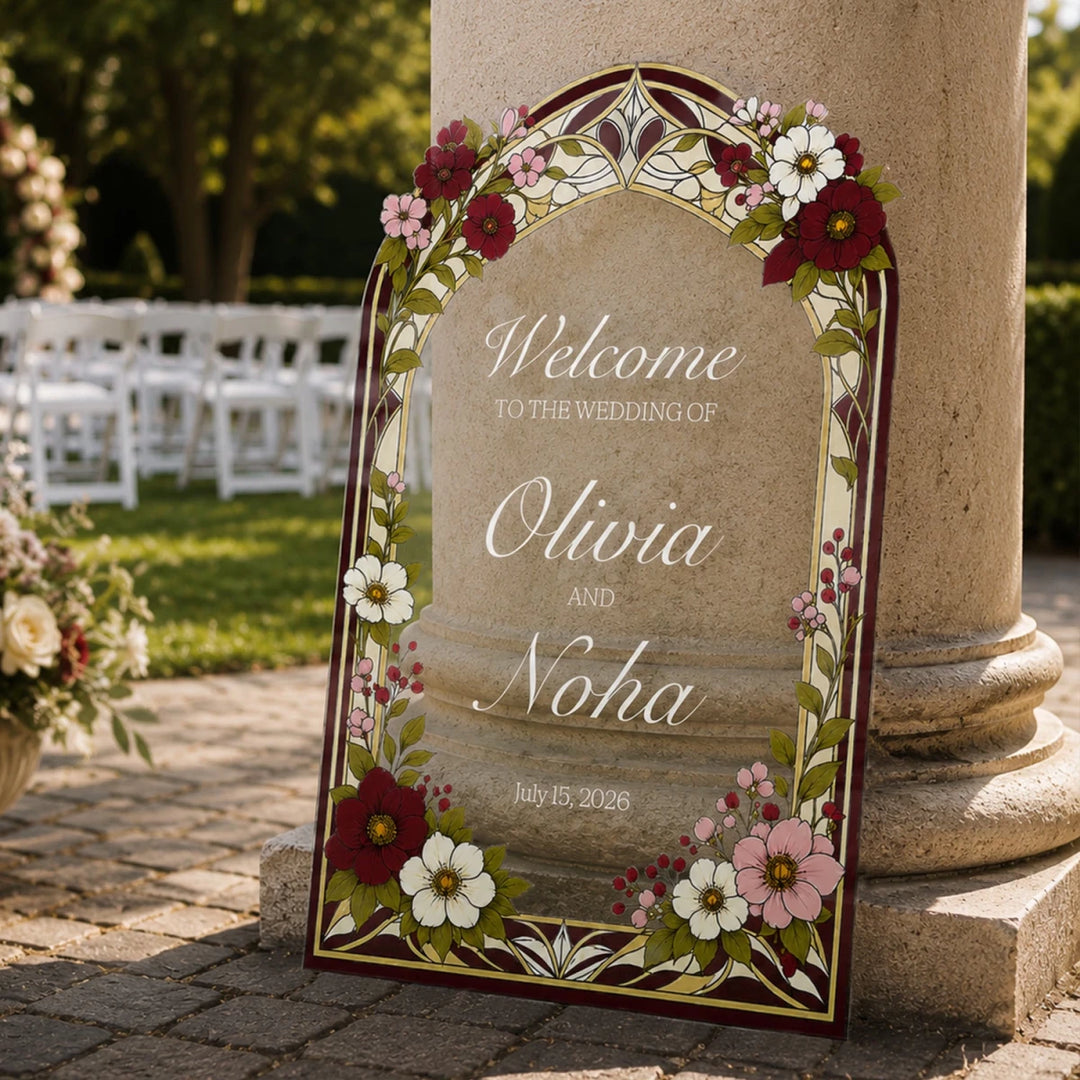 Burgundy & Cream Floral Stained Glass Wedding Welcome Sign — Elegant Arch - SpeedyOrders