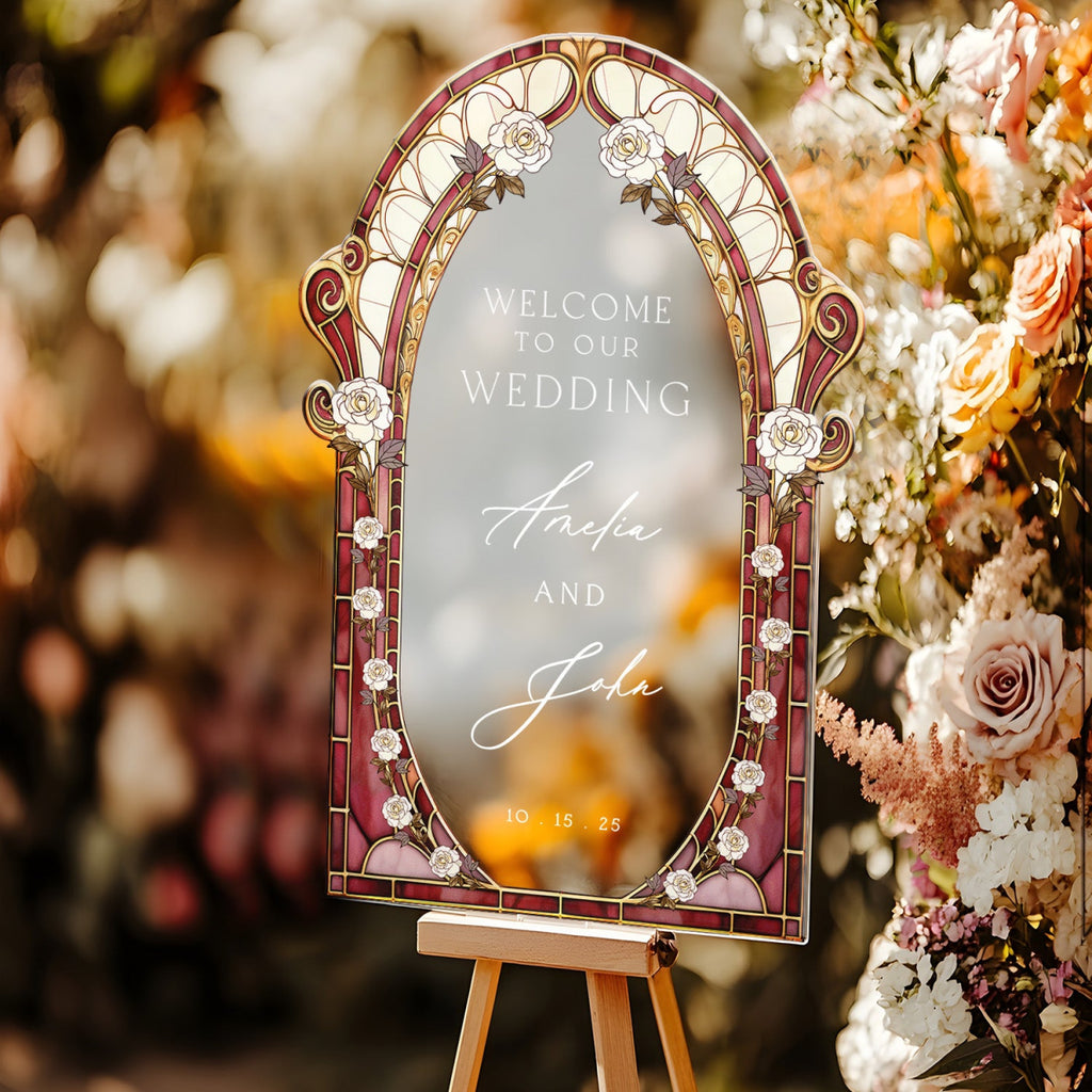 Burgundy Red Stained Glass Floral Wedding Sign, Cream Roses Frosted Wedding Welcome Sign - SpeedyOrders