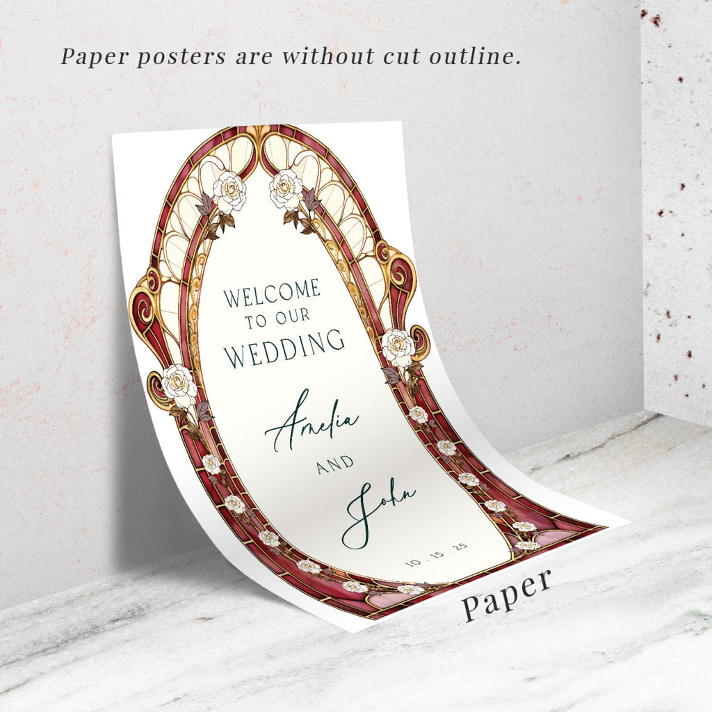 Burgundy Red Stained Glass Floral Wedding Sign, Cream Roses Frosted Wedding Welcome Sign - SpeedyOrders