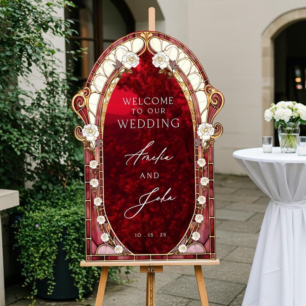 Burgundy Red Stained Glass Wedding Sign — White Rose Art Nouveau Arch . Red mirror acrylic wedding sign.