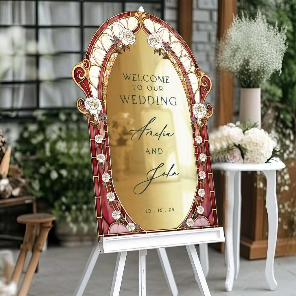 Burgundy Red Stained Glass Floral Wedding Sign, Cream Roses Frosted Wedding Welcome Sign - SpeedyOrders