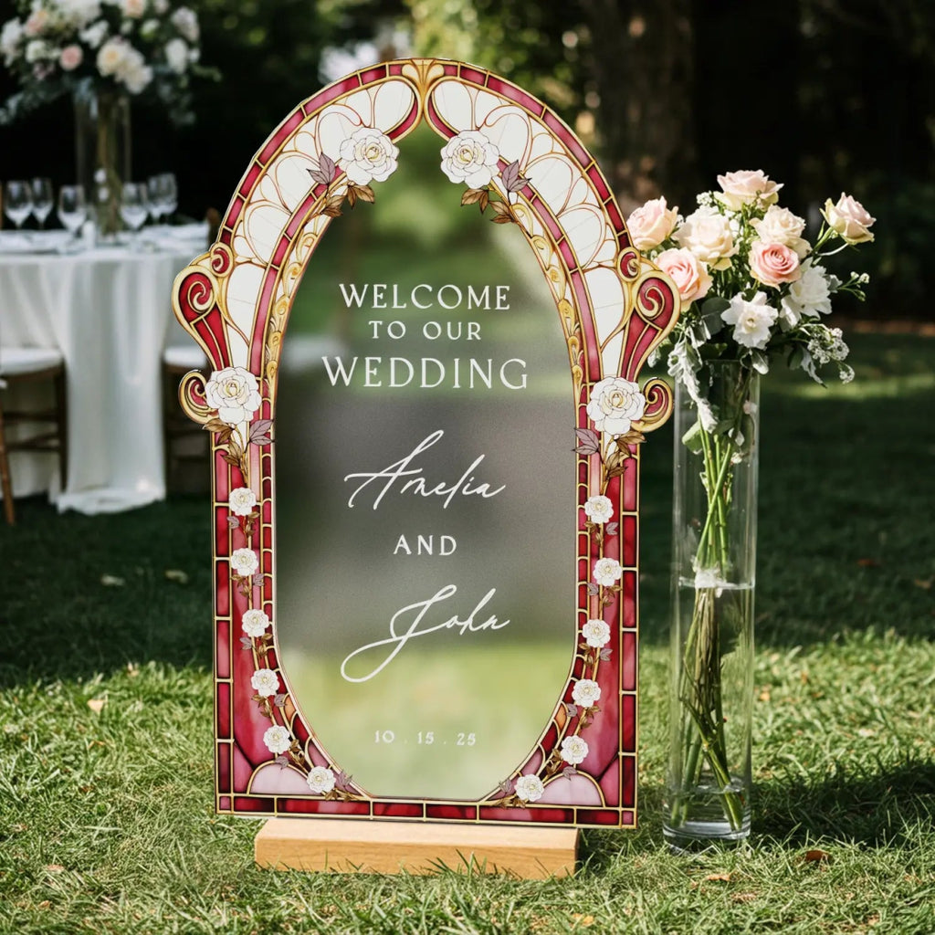 Burgundy Red Stained Glass Floral Wedding Sign, Cream Roses Frosted Wedding Welcome Sign - SpeedyOrders