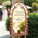 Burgundy Red Stained Glass Floral Wedding Sign, Cream Roses Frosted Wedding Welcome Sign - SpeedyOrders