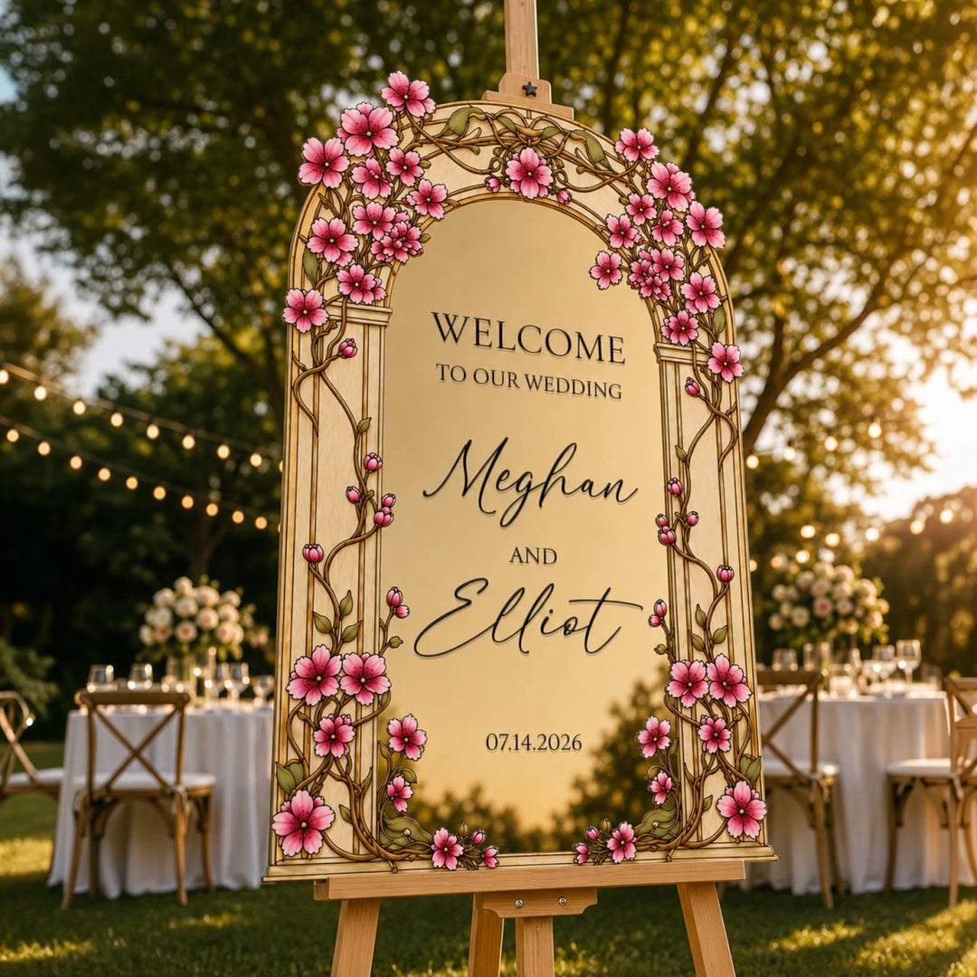 Cherry Blossom Wedding Welcome Sign — Golden Arch - SpeedyOrders