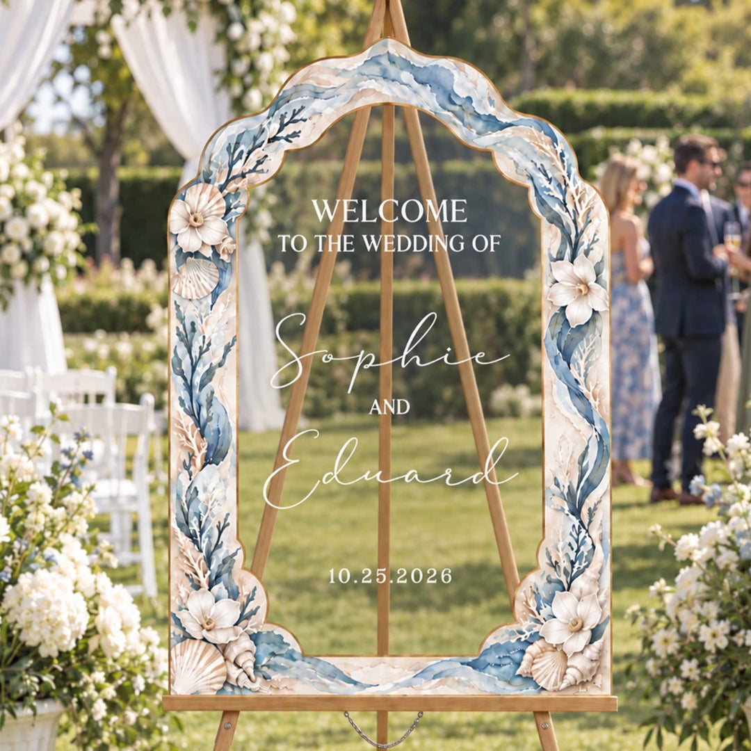 Coastal Seashell & Coral Wedding Welcome Sign — Ocean Botanical Arch - SpeedyOrders
