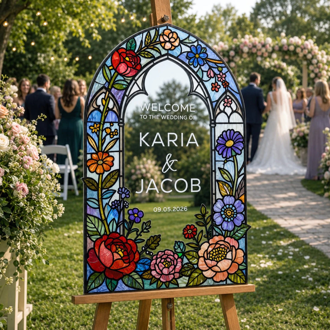 Colorful Mixed Stained Glass Wedding Welcome Sign — Vibrant Floral Arch - SpeedyOrders