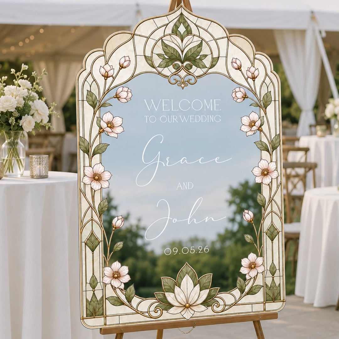 Cream Floral Stained Glass Wedding Welcome Sign — Vintage Elegant Arch - SpeedyOrders