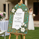 Cream Floral Wedding Welcome Sign, Green Stained Glass Wedding Signs - SpeedyOrders