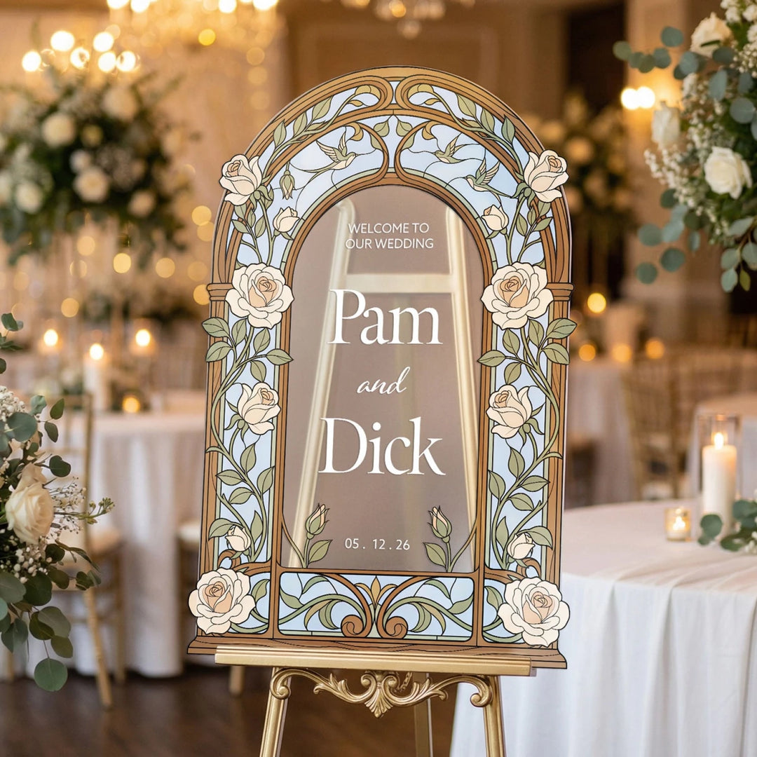 Cream Roses Stained Glass Wedding Sign - SpeedyOrders