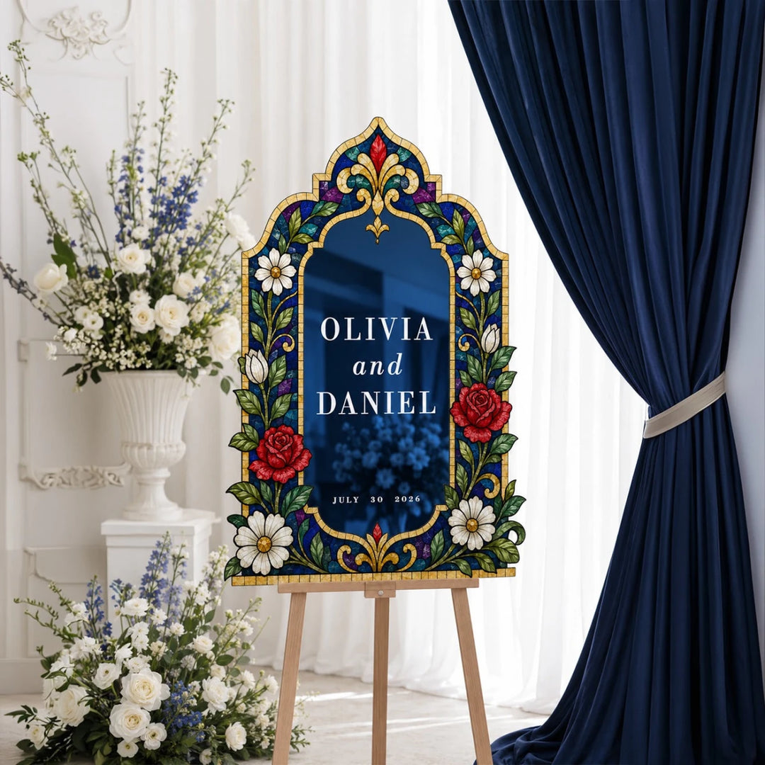 Crimson Rose Mughal Stained Glass Wedding Welcome Sign - SpeedyOrders