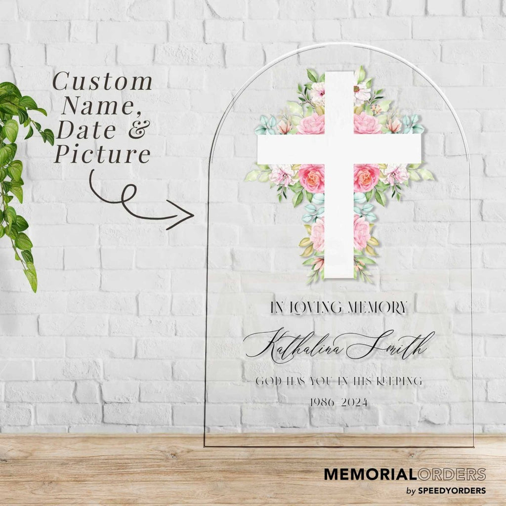 Cross In Loving Memory Sign, Custom Floral Funeral Welcome Signage For Funeral Decorations - SpeedyOrders
