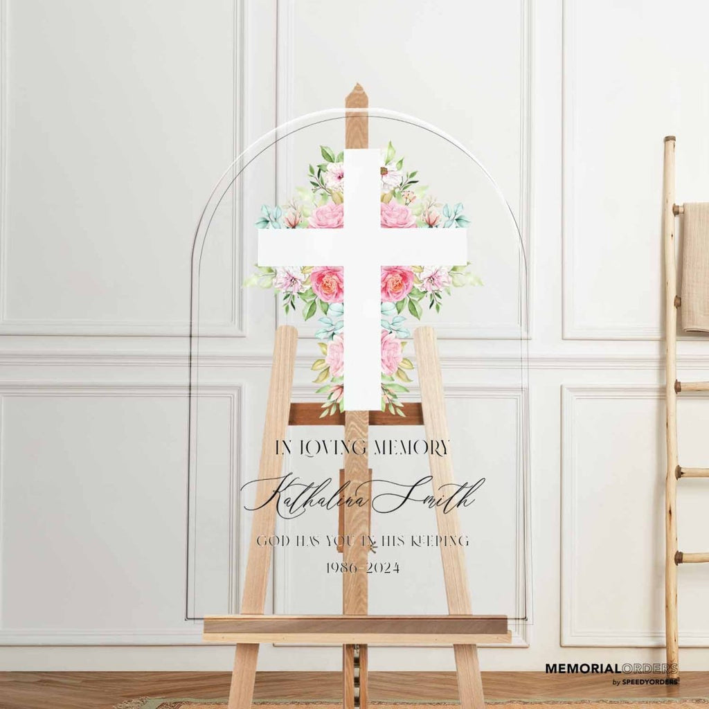 Cross In Loving Memory Sign, Custom Floral Funeral Welcome Signage For Funeral Decorations - SpeedyOrders