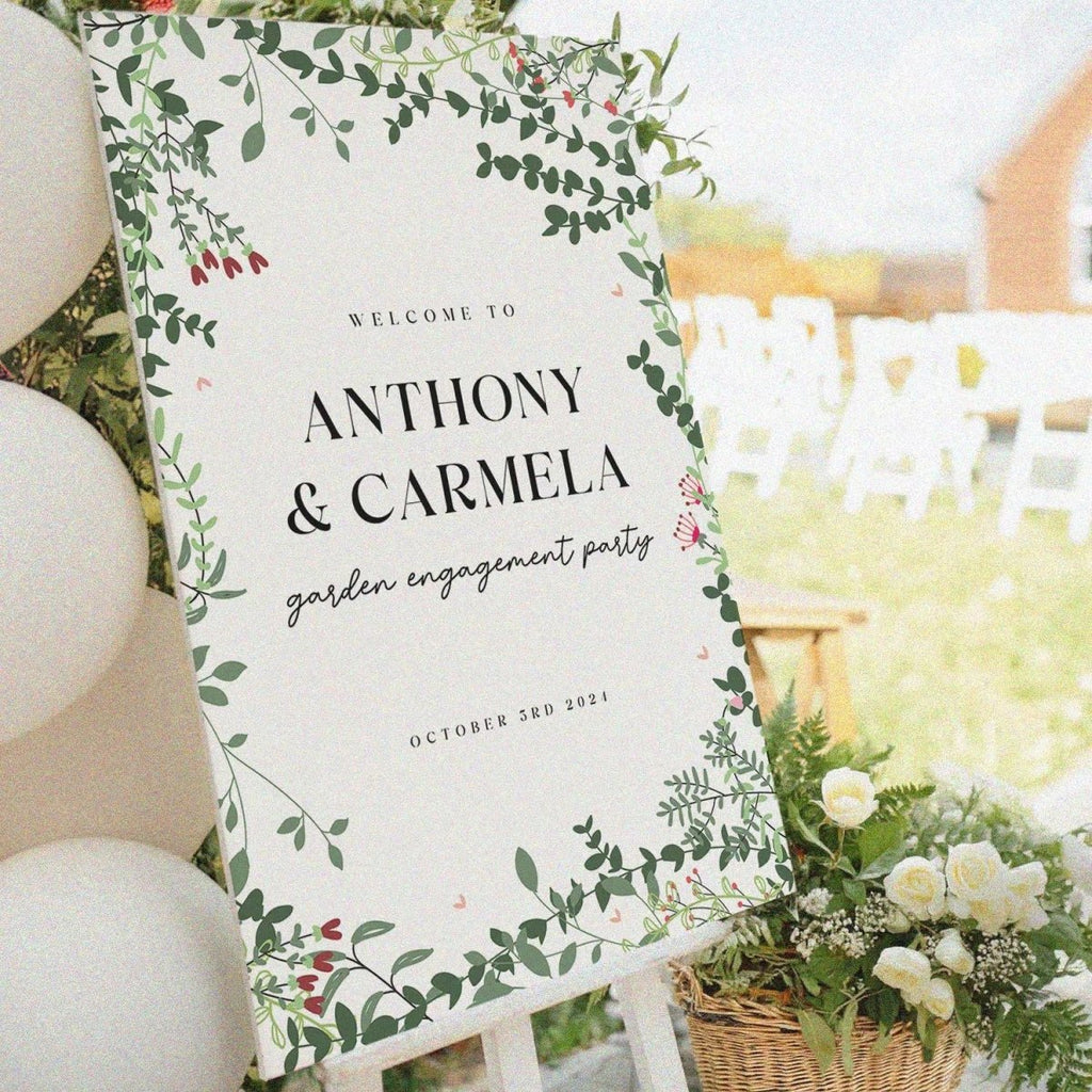 Custom Green Floral Engagement Sign For Engagement Party Decor, Personalized Sign For Engagement Welcome - SpeedyOrders