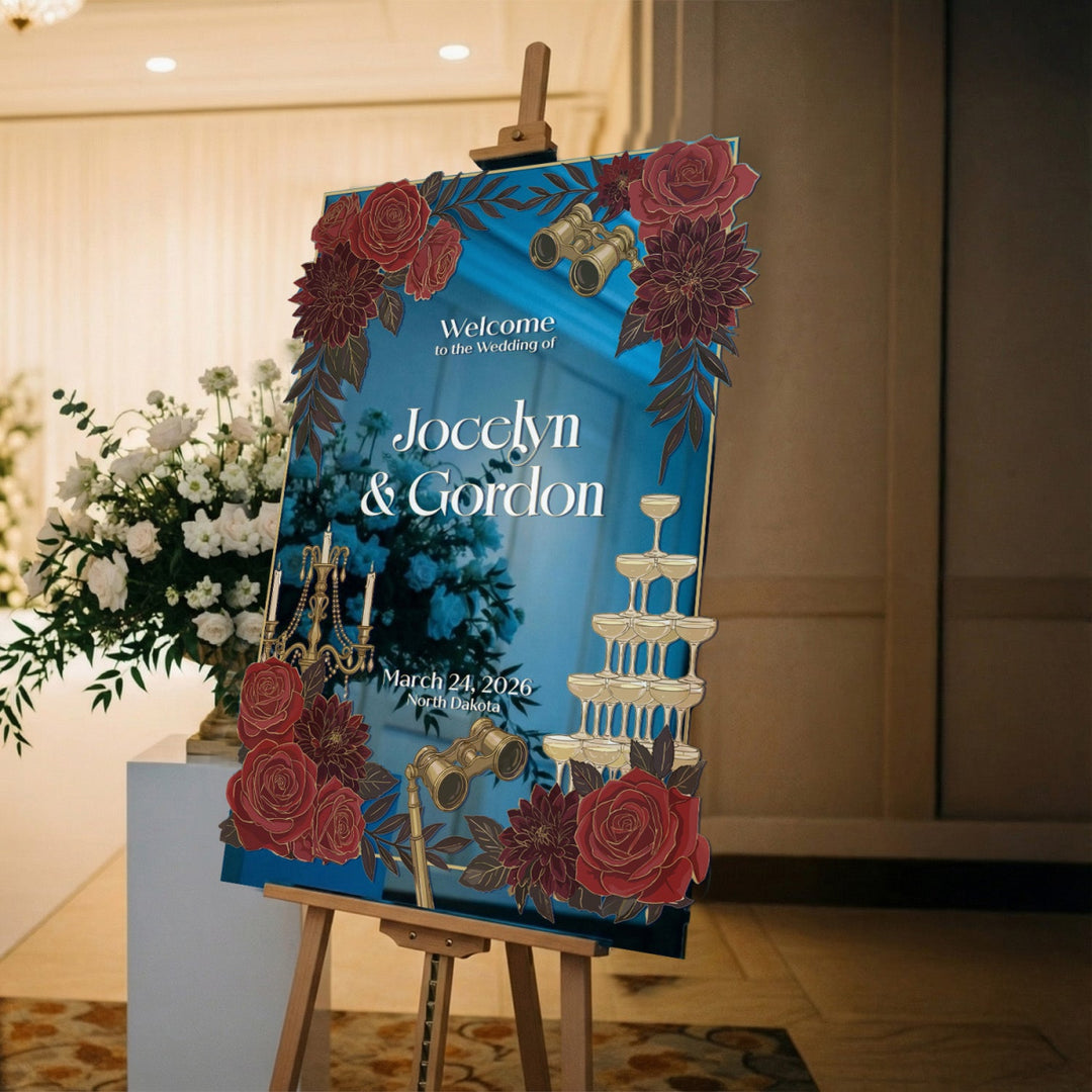 Custom Mirror Wedding Sign, Red Roses Wedding Welcome Sign - SpeedyOrders