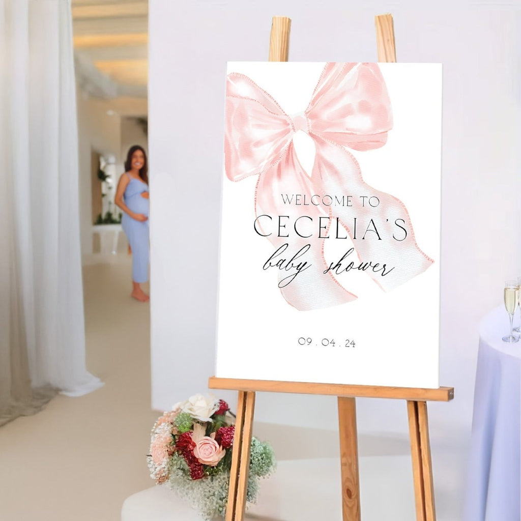 Custom Pink Bow Baby Shower Sign, Blush Pink Girls Baby Shower Sign - SpeedyOrders
