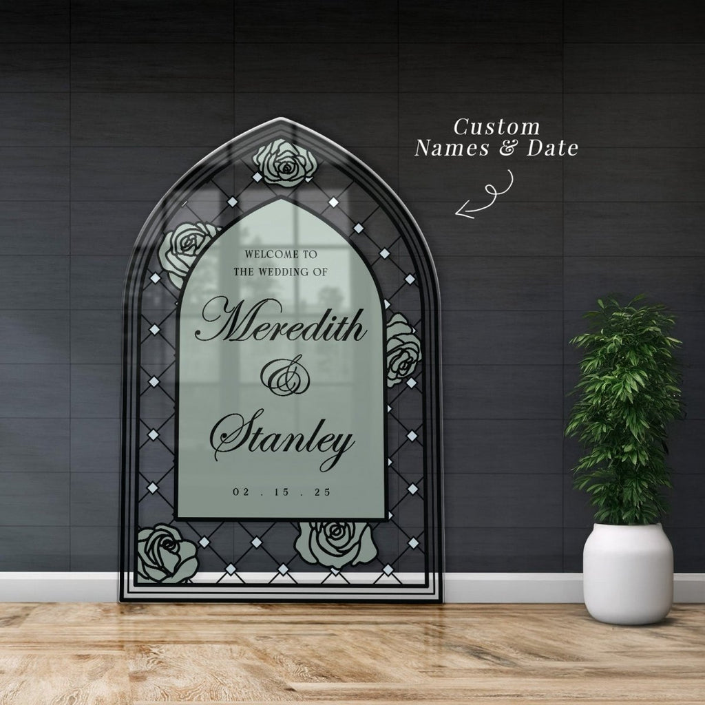 Custom Stained Glass Wedding Sign, Sage Floral Wedding Welcome Sign - SpeedyOrders