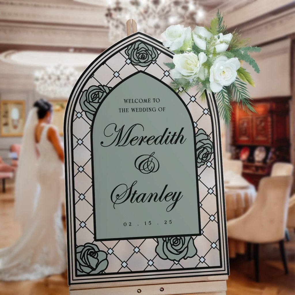 Custom Stained Glass Wedding Sign, Sage Floral Wedding Welcome Sign - SpeedyOrders