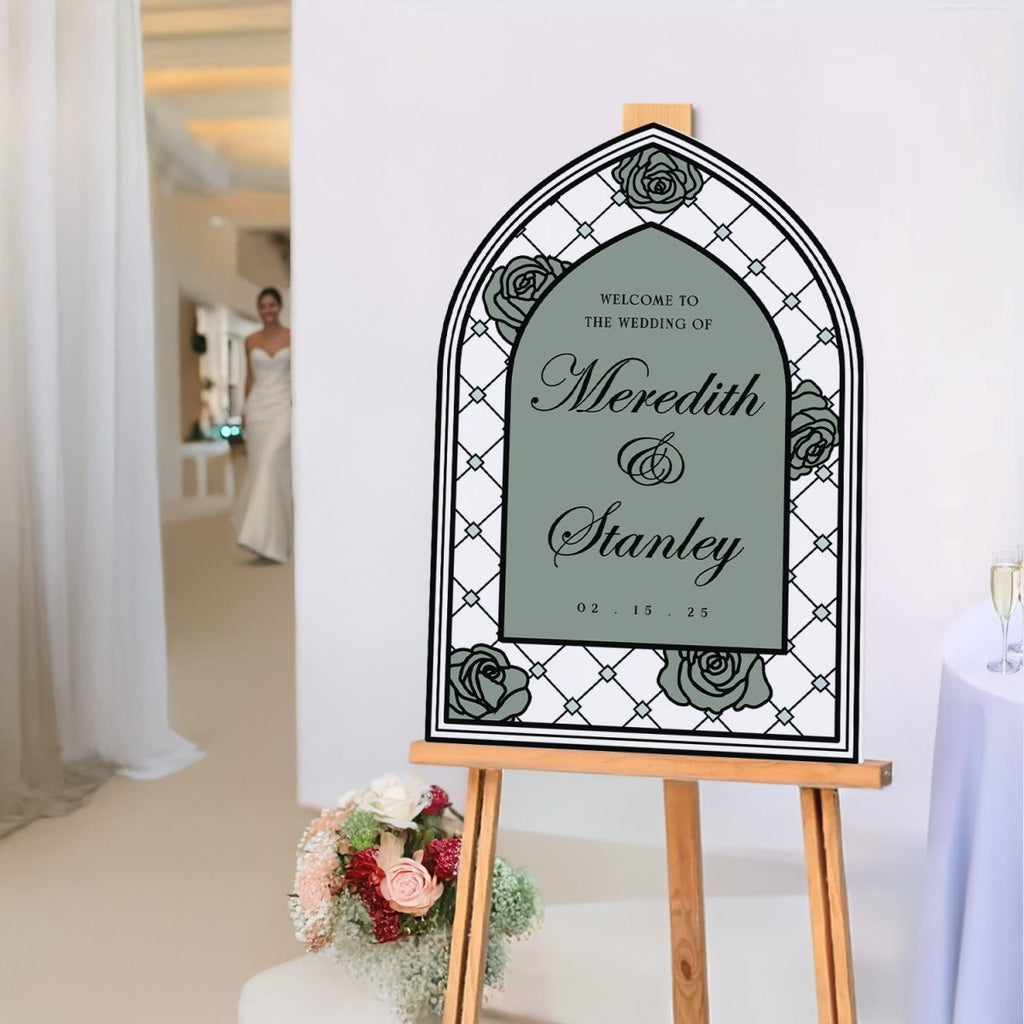Custom Stained Glass Wedding Sign, Sage Floral Wedding Welcome Sign - SpeedyOrders