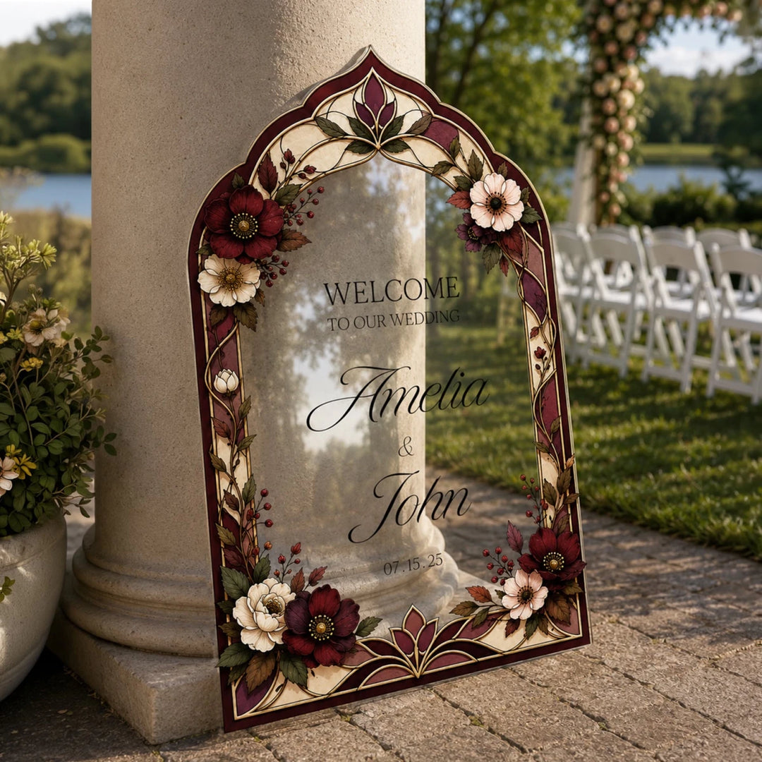 Dark Floral Stained Glass Wedding Welcome Sign — Ornate Maroon & Gold Arch - SpeedyOrders