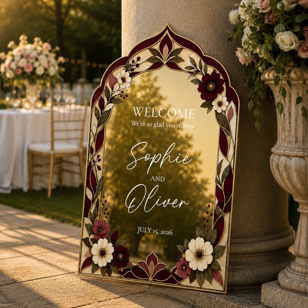 Deep Burgundy & White Anemone Stained Glass Wedding Welcome Sign — Gothic Arch - SpeedyOrders
