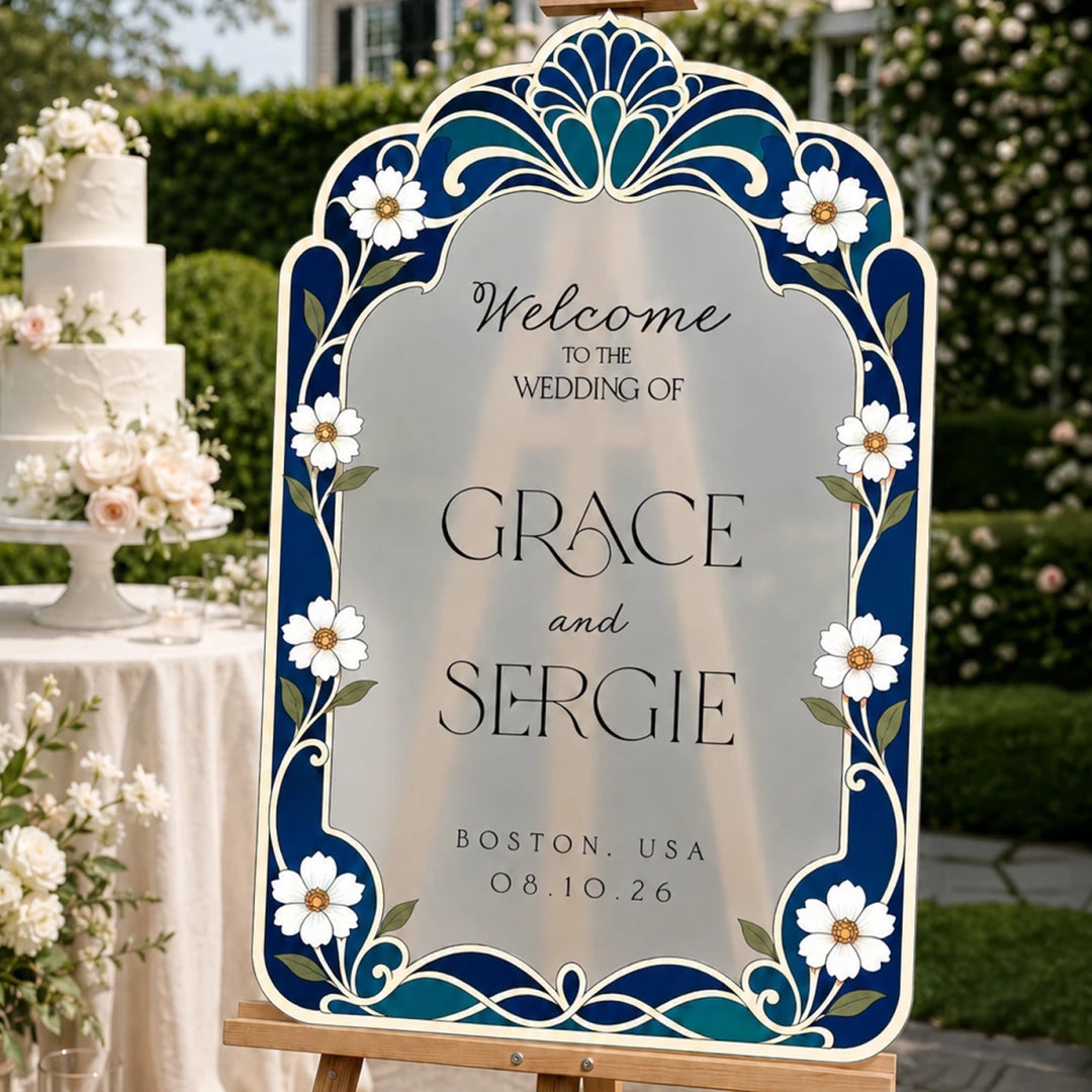 Deep Navy Blue Stained Glass Wedding Welcome Sign — Art Nouveau Floral - SpeedyOrders