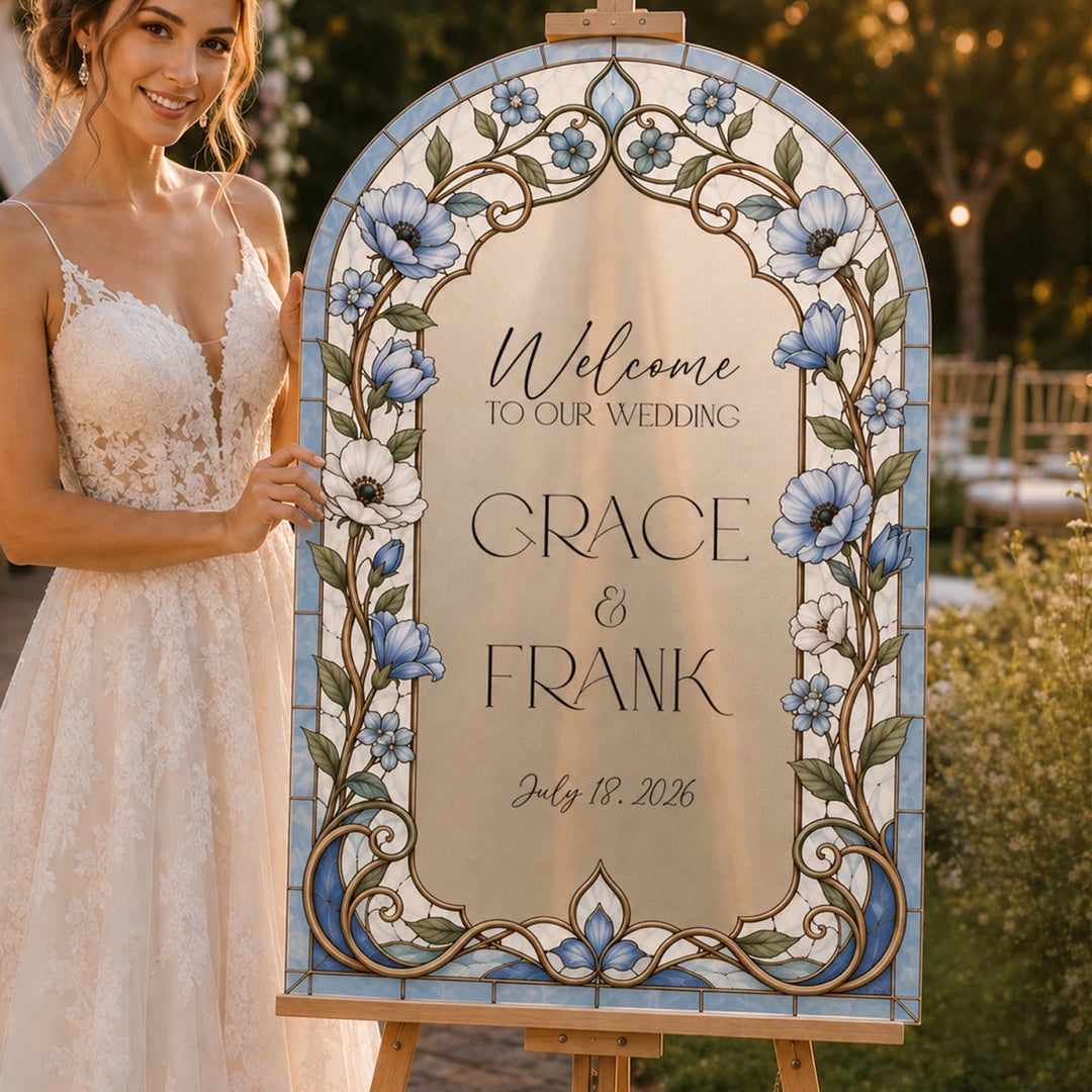 Dusty Blue Anemone Stained Glass Wedding Welcome Sign — Art Nouveau Arch - SpeedyOrders