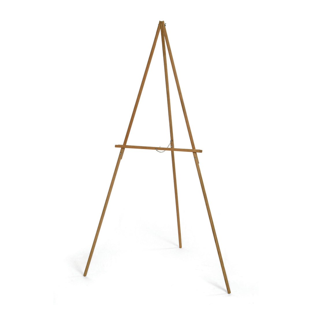 A minimalist wooden A-frame easel with a central support bar, shown on a clean white background.