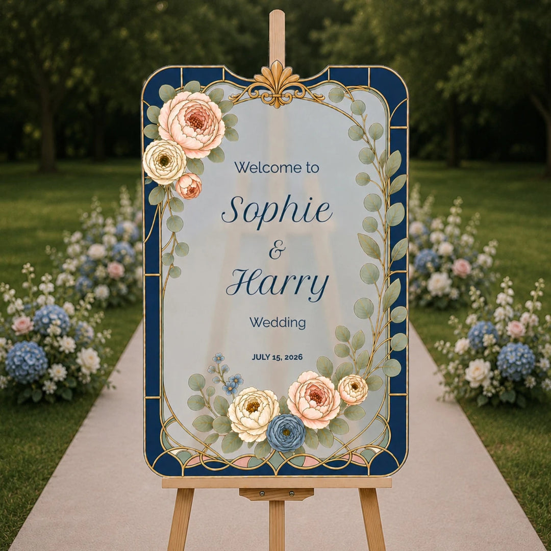 Elegant Navy & Gold Stained Glass Wedding Welcome Sign — Frosted Board - SpeedyOrders