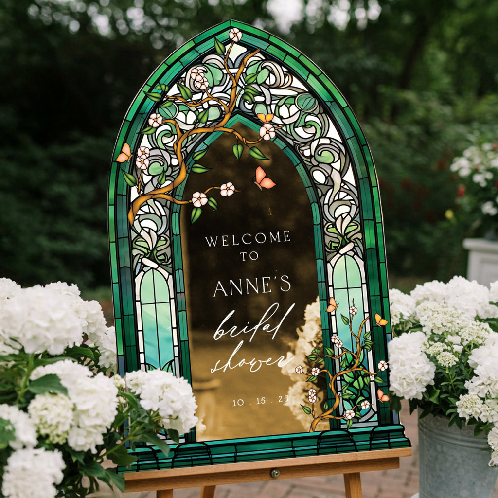Emerald Green Bridal Shower Sign, Stained Glass Shower Sign, Custom Wildflowers Bridal Shower Welcome Sign - SpeedyOrders