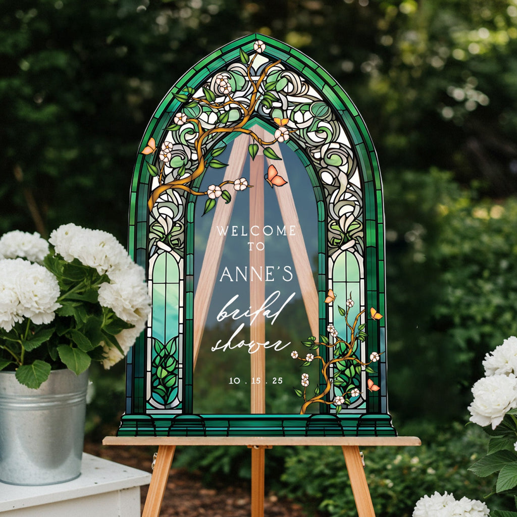 Emerald Green Bridal Shower Sign, Stained Glass Shower Sign, Custom Wildflowers Bridal Shower Welcome Sign - SpeedyOrders