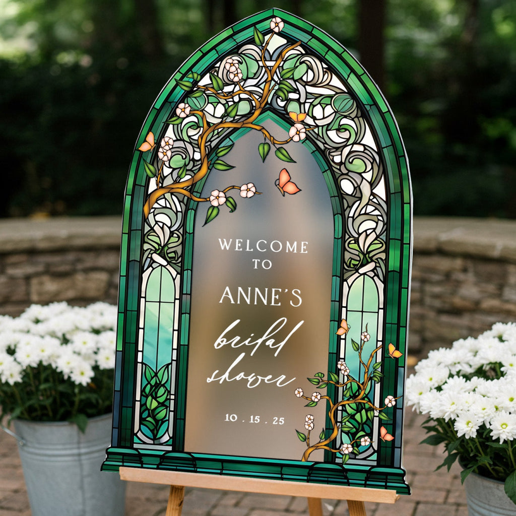 Emerald Green Bridal Shower Sign, Stained Glass Shower Sign, Custom Wildflowers Bridal Shower Welcome Sign - SpeedyOrders