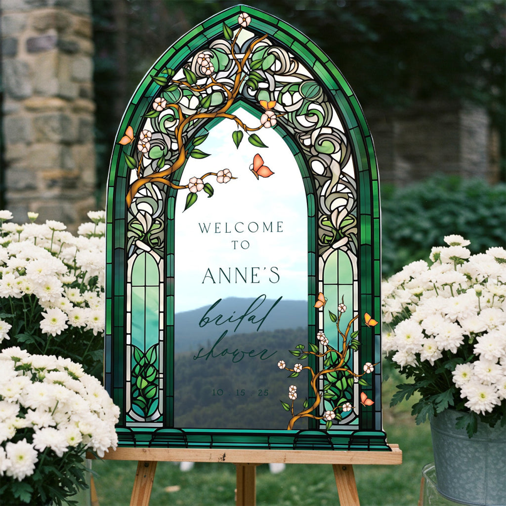 Emerald Green Bridal Shower Sign, Stained Glass Shower Sign, Custom Wildflowers Bridal Shower Welcome Sign - SpeedyOrders