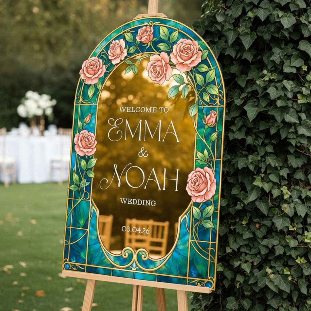 Emerald Green Stained Glass Wedding Sign — Rose Arch - SpeedyOrders