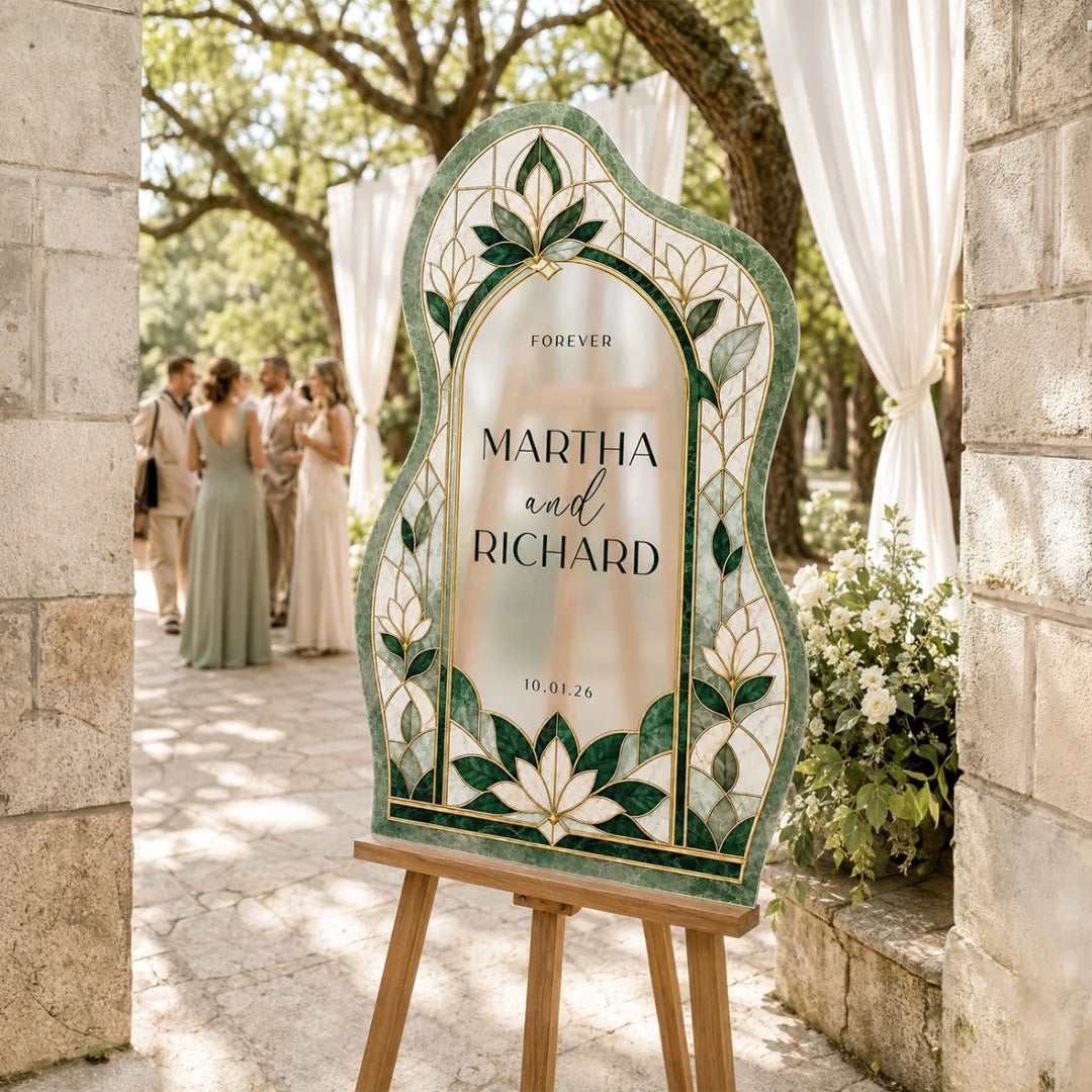Emerald Green Stained Glass Wedding Welcome Sign — Organic Wave Arch - SpeedyOrders