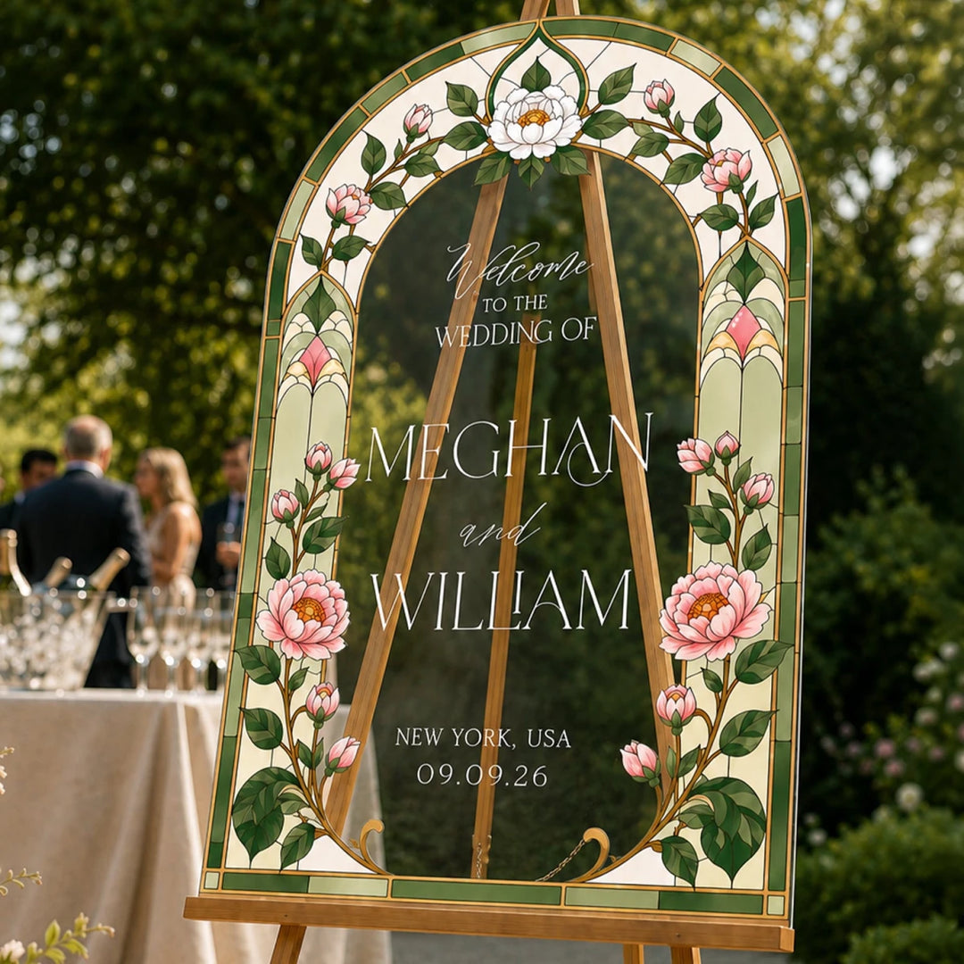 Emerald Vine Stained Glass Wedding Welcome Sign — Silver Mirror Arch - SpeedyOrders