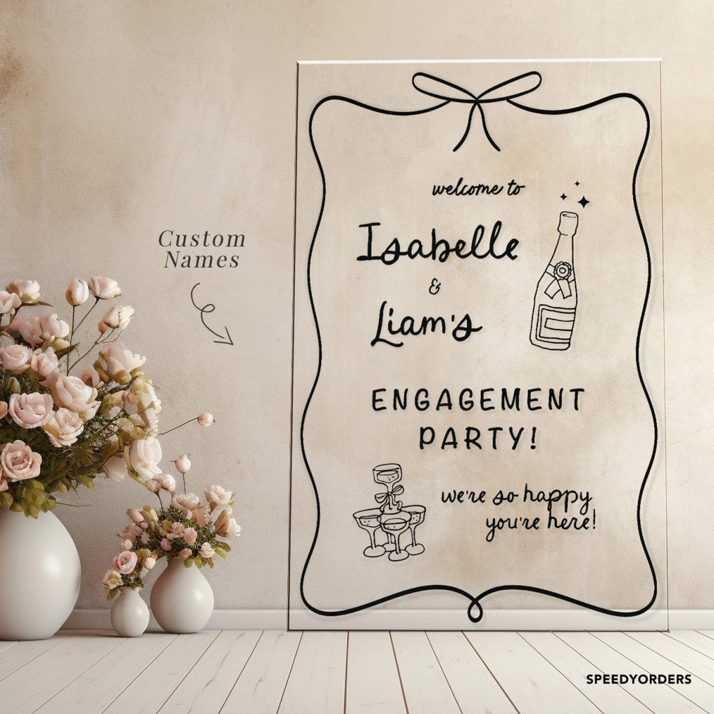 Engagement Party Welcome Sign, Hand Drawn Style Champagne Engagement Sign - SpeedyOrders