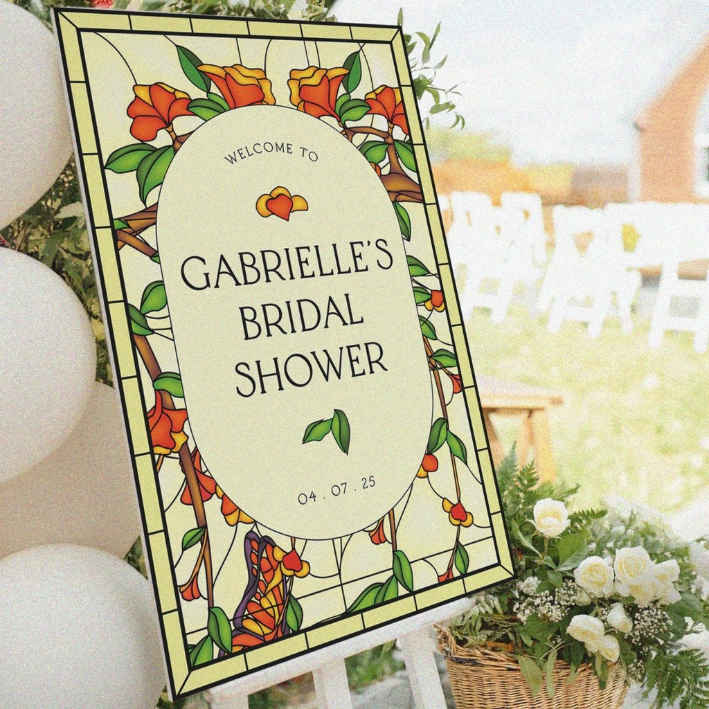 Floral Bridal Shower Sign, Orange Flowers Stained Glass Welcome Sign - SpeedyOrders