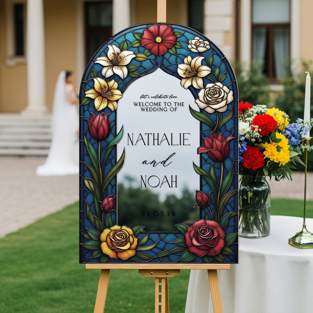 Floral Mirror Wedding Sign, Mirror Stained Glass Wedding Welcome Sign - SpeedyOrders