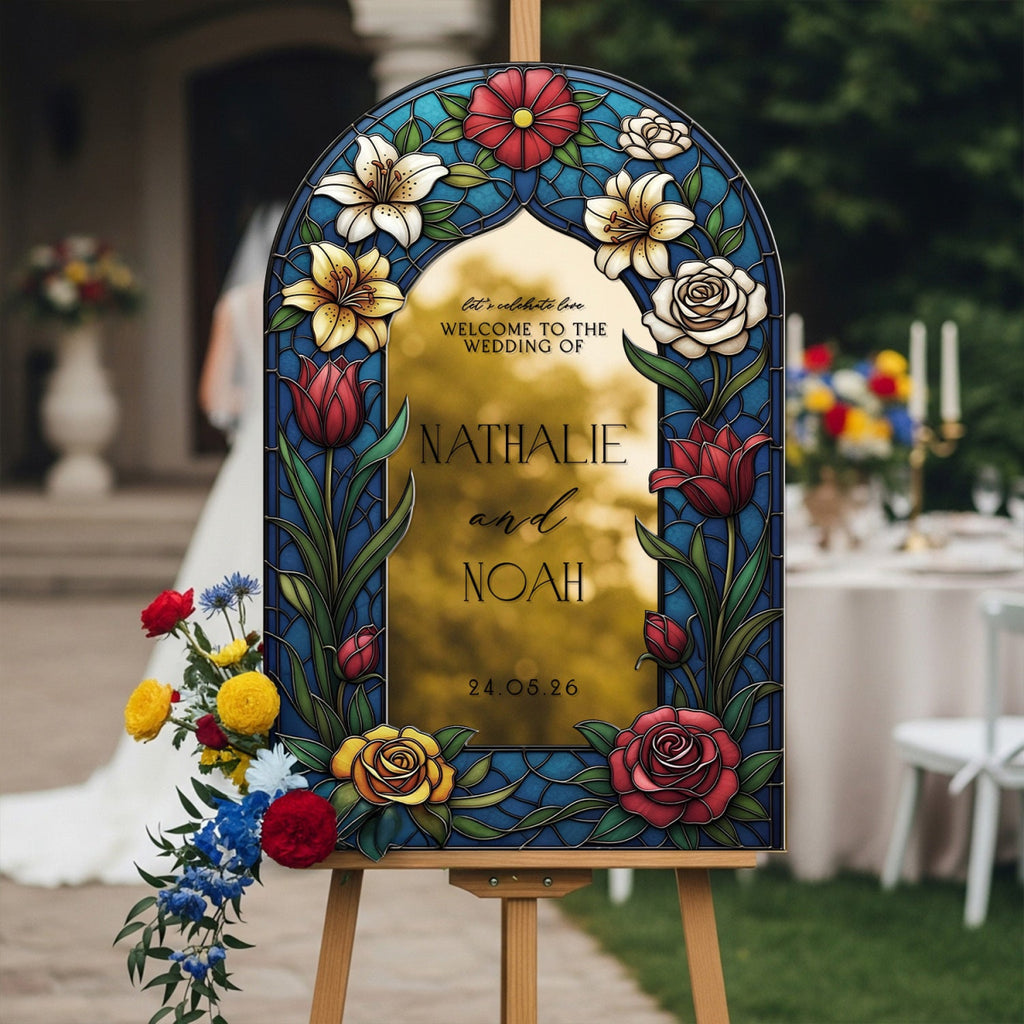 Floral Mirror Wedding Sign, Mirror Stained Glass Wedding Welcome Sign - SpeedyOrders