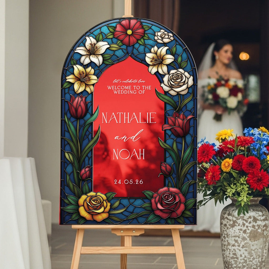 Floral Mirror Wedding Sign, Mirror Stained Glass Wedding Welcome Sign - SpeedyOrders