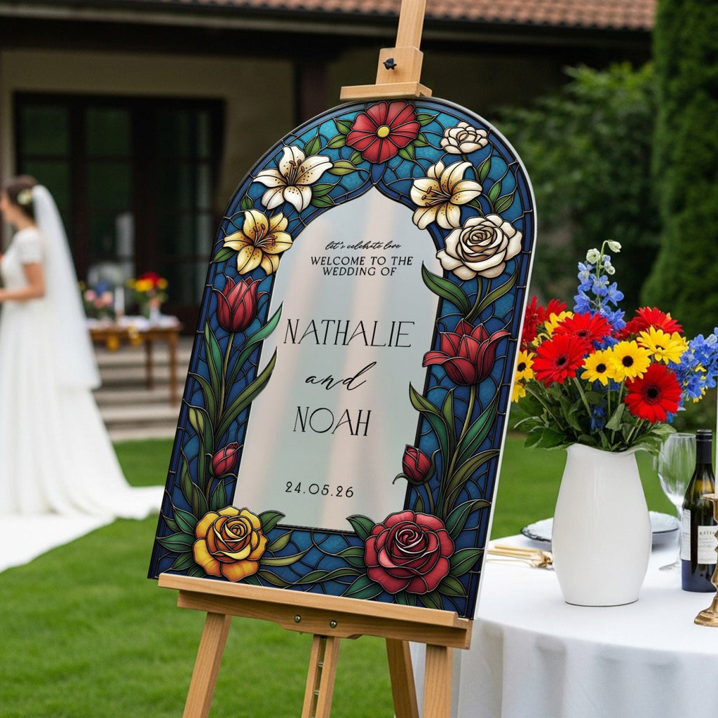 Floral Mirror Wedding Sign, Mirror Stained Glass Wedding Welcome Sign - SpeedyOrders