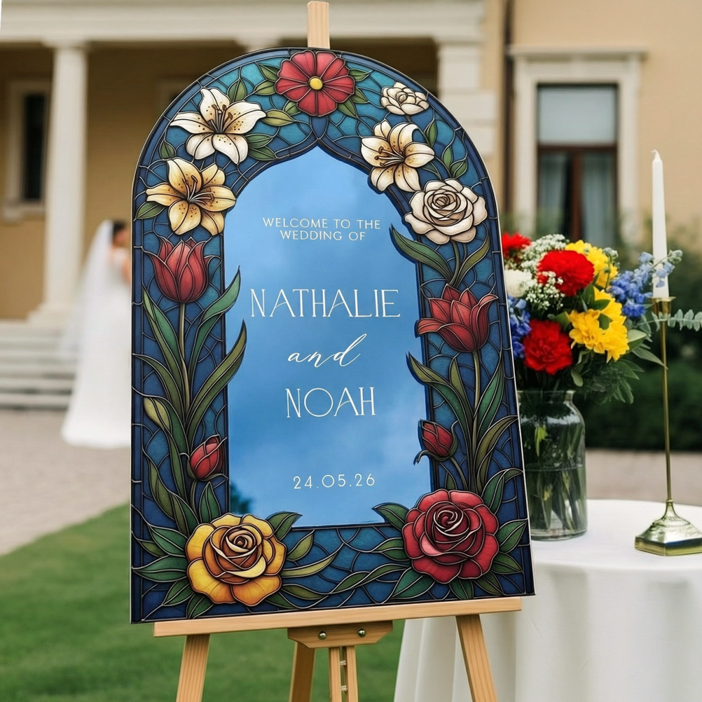 Floral Mirror Wedding Sign, Mirror Stained Glass Wedding Welcome Sign - SpeedyOrders