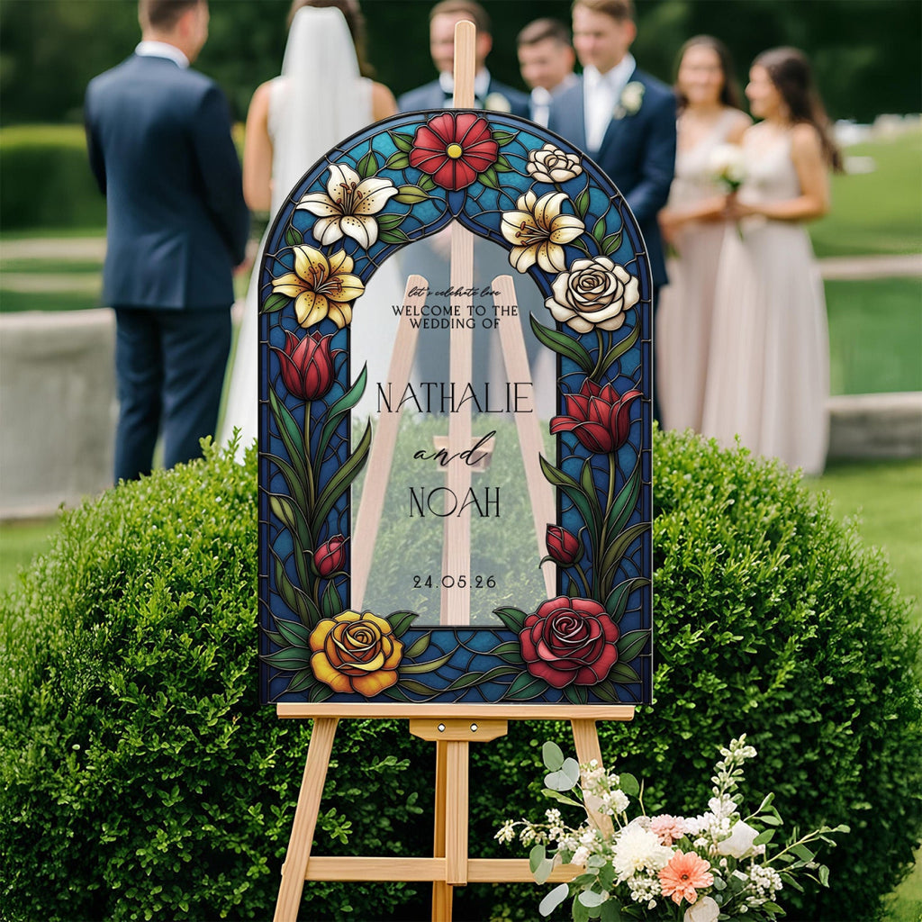 Floral Mirror Wedding Sign, Mirror Stained Glass Wedding Welcome Sign - SpeedyOrders