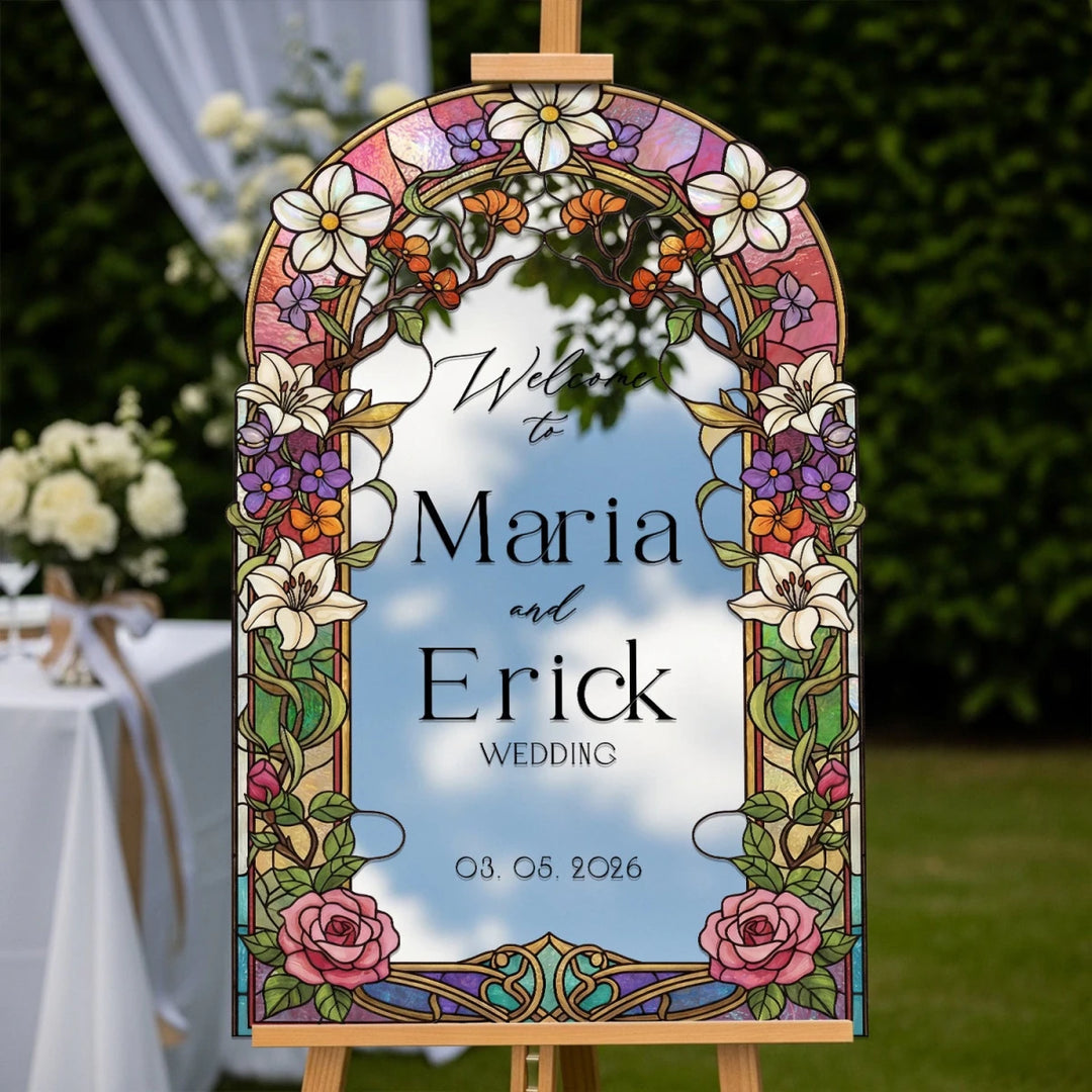 Floral Mirror Wedding Welcome Sign - SpeedyOrders