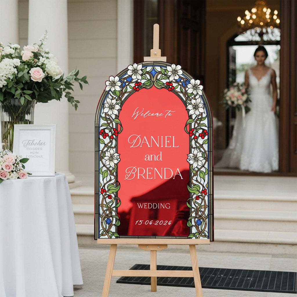 Floral Stained Glass Wedding Sign, Arched Garden Vine Wedding Welcome Sign - SpeedyOrders